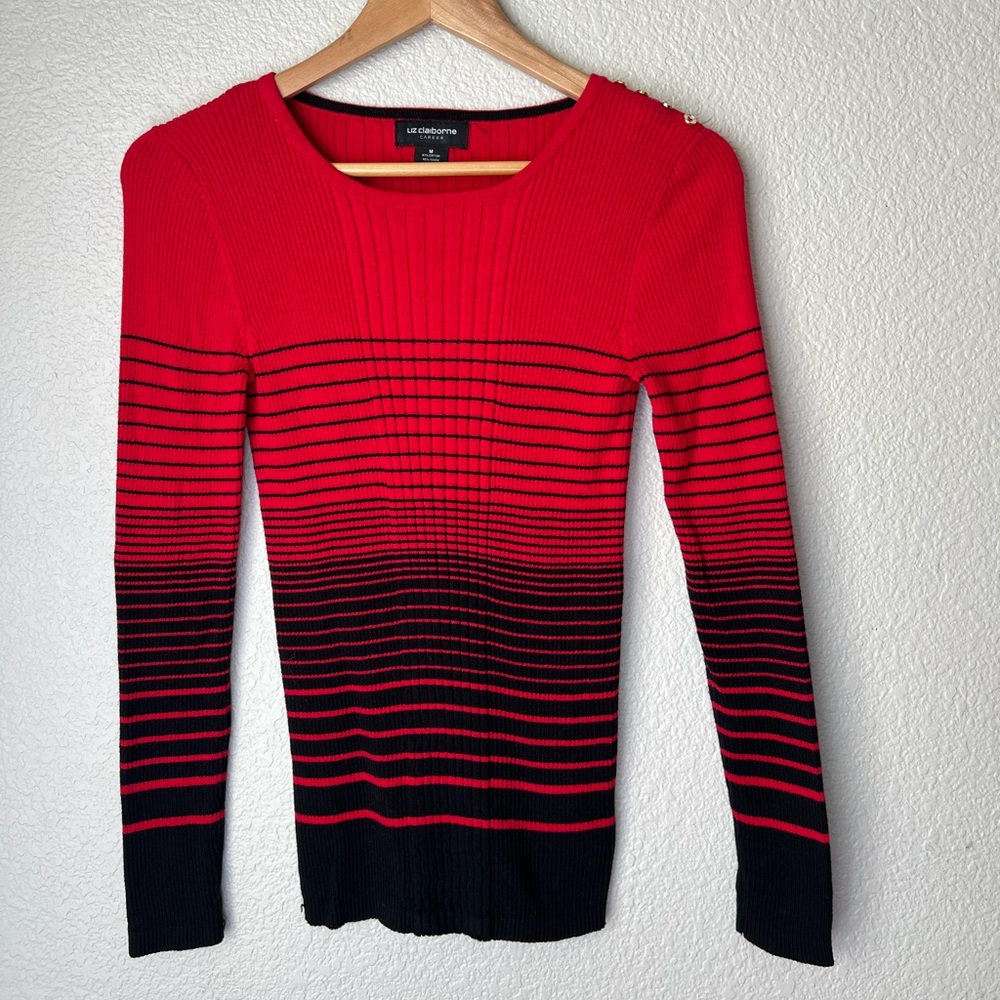 Liz Claiborne Career Red Black Stripe Knit Sweater, M